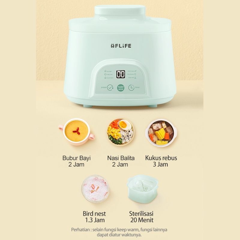 Flife Slow Cooker 1L / Kukusan 6 in 1 Untuk Memasak Bubur Bayi / Makanan Sehat