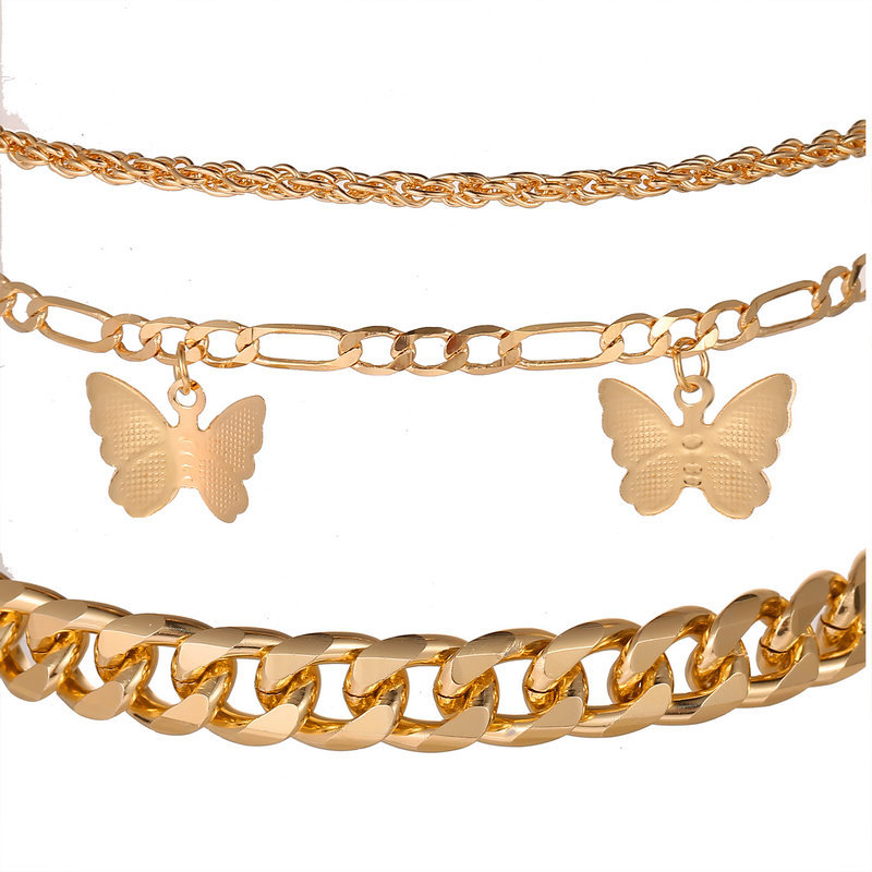 BUTTERFLY CHARMS Set 3 Pcs Gelang Multilayer Desain Kupu-Kupu Warna Emas Gaya Korea Vintage Untuk Wanita