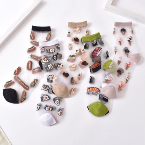 KKT 01-08 Kaos Kaki Korea Transparan Kekinian Motif Sushi Telur Hotdog