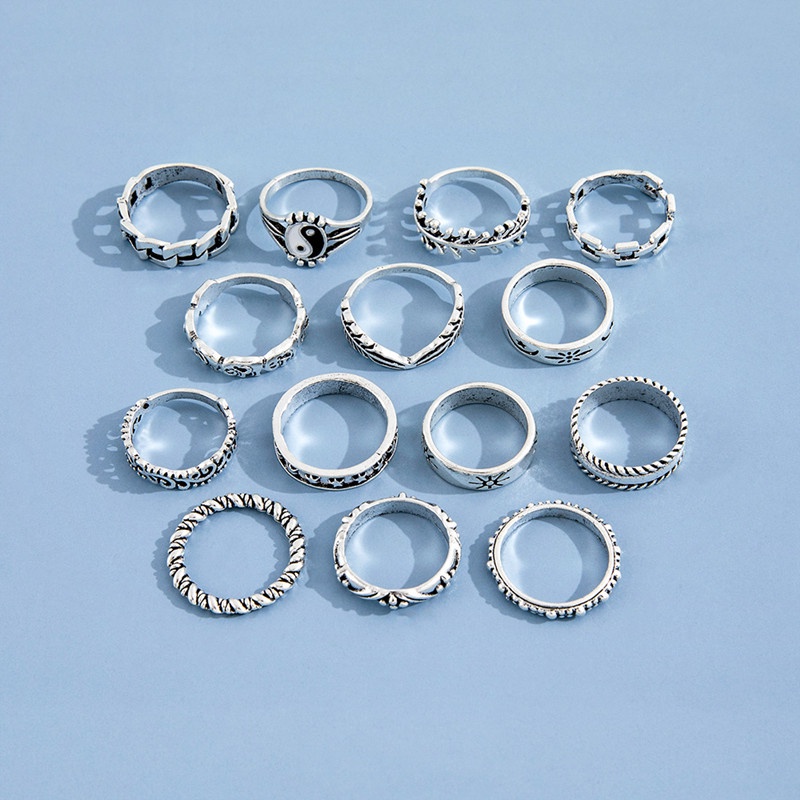 14pcs / Set Cincin Tai Chi Gaya Vintage Warna Silver Untuk Wanita