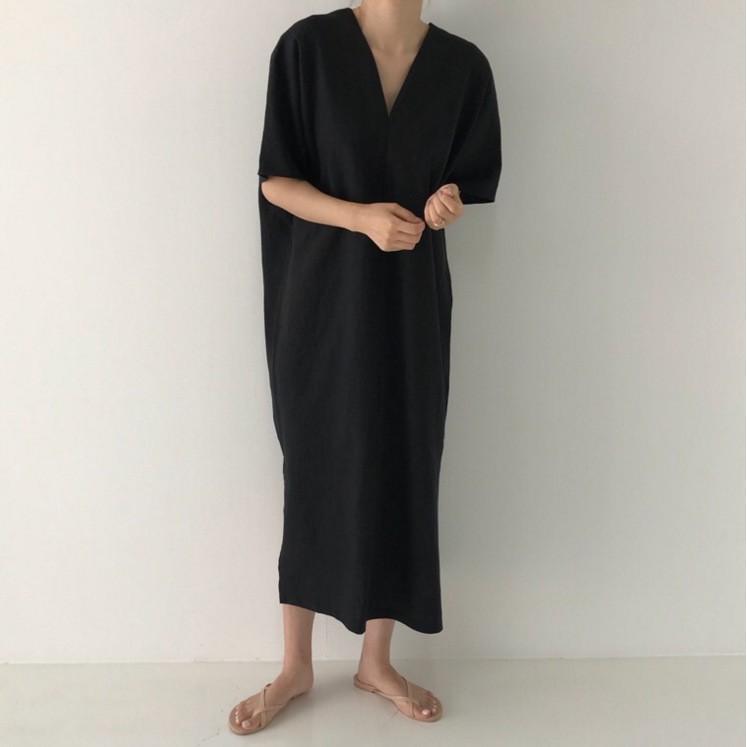 V Neck Loose Dress (BEIGE, BLACK)