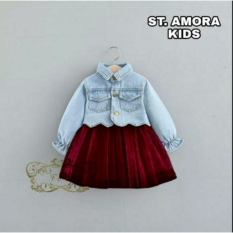 3 UKURAN S M L SET AMORA KID 3IN1 PAKAIAN ANAK PEREMPUAN ATASAN JACKET JEANS, INNER DAN ROK FEHM