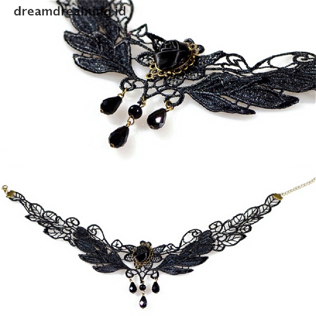 Dreamdreaming.id Kalung Choker Wanita Bahan Lace Hias Mawar Hitam