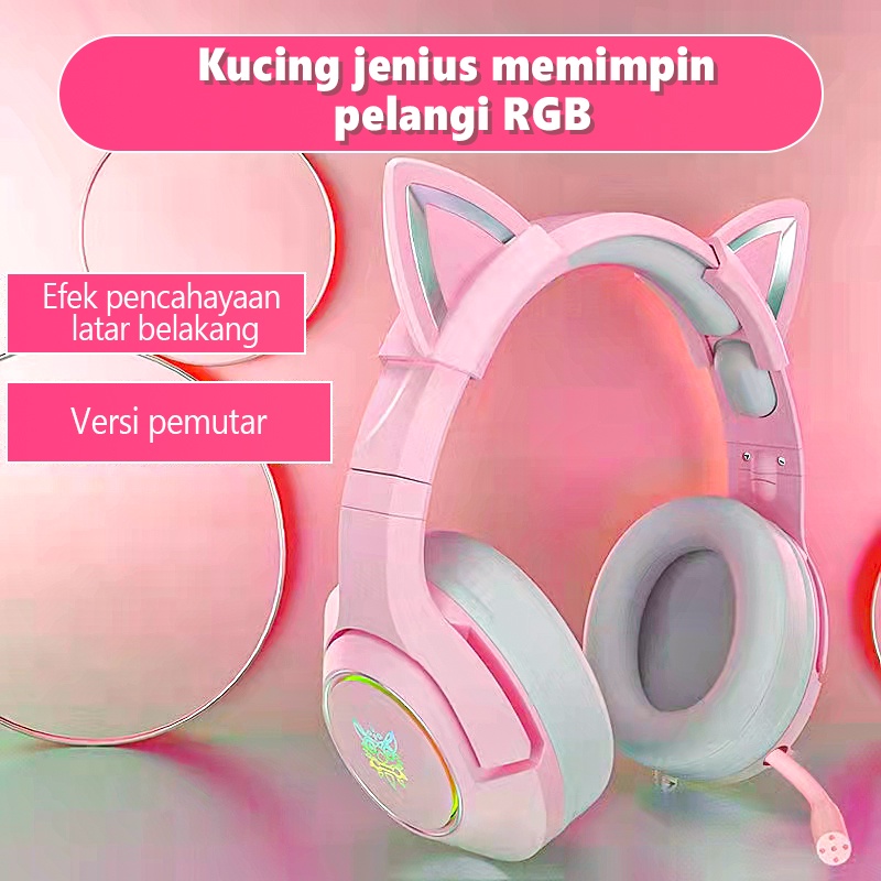 Onikuma K9 Pink Cat Ear Perempuan Headset Gaming dengan Mikrofon Pencahayaan RGB Cocok untuk Komputer Seluler Head-mount Subwoofer Headphone Kabel