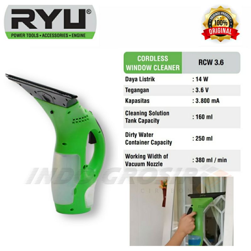 RYU RCW 3.6 Mesin Pembersih Kaca Jendela Wiper Cordless Window Cleaner