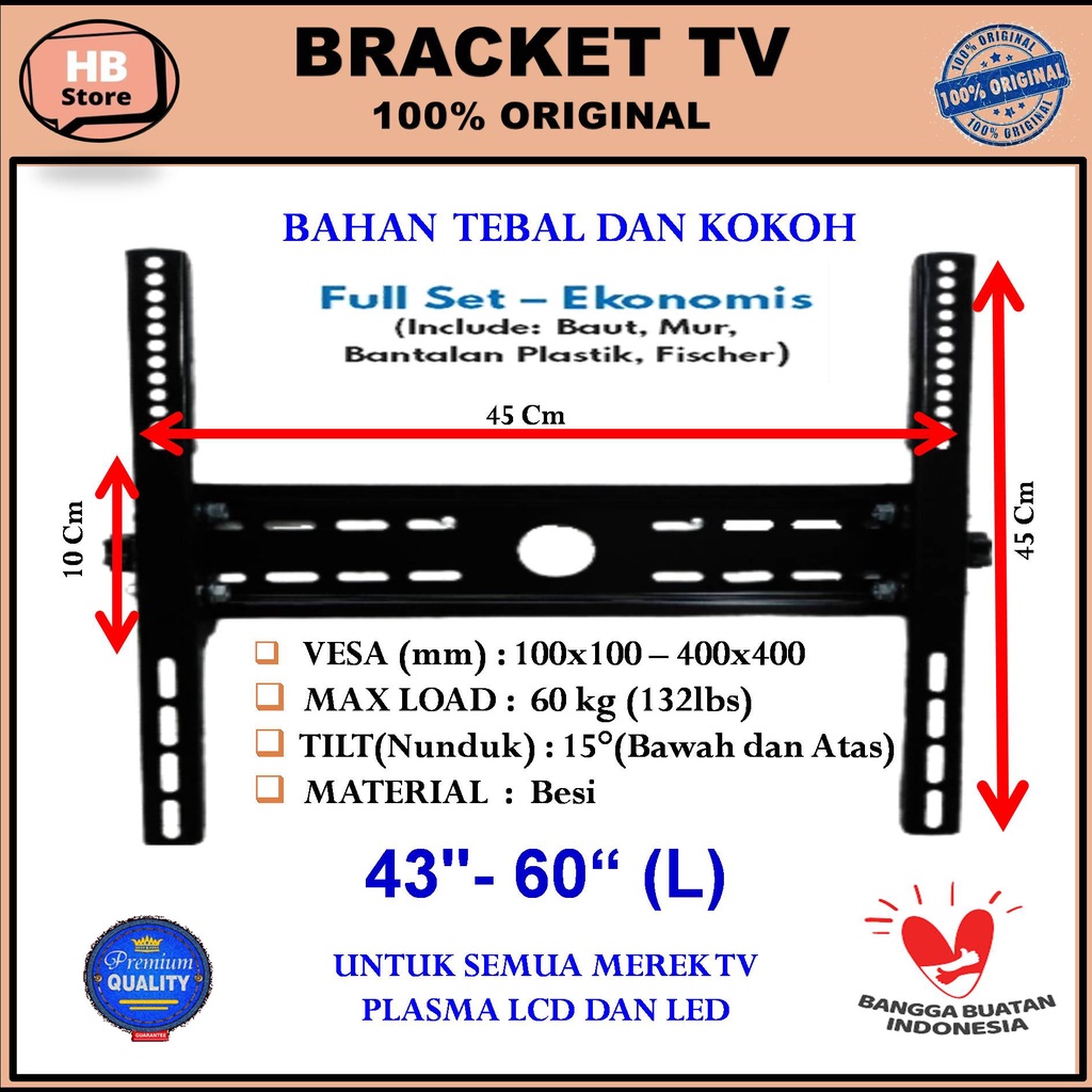 Bracket monitor tv LCD LED PLASMA 43 45 50 55 60 65 inch  Bahan tebal