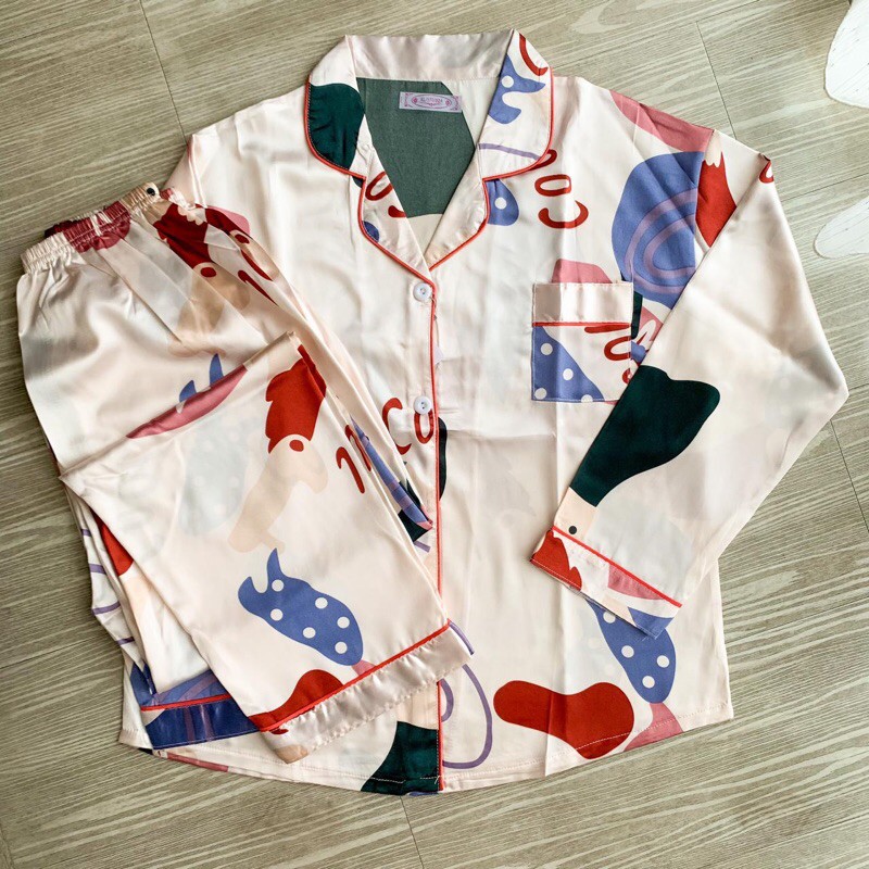 PIYAMA SATIN IMPORT MOTIF BAJU TIDUR SILK SET CELANA PANJANG LENGAN PANJANG MOTIF ABSTRACT PINK