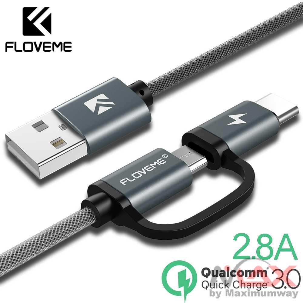 Floveme Kabel Charger 2 in 1 Micro USB + USB Type C QC3.0 2.8A 100cm 1 meter cable data kecepatan tinggi FLOVEME 2 in 1 QC 3.0 Micro USB Type C Cable Fast Charging Type-C Charger USB-C Cables For Samsung S8 Note 8 S7 Phone USB Cable