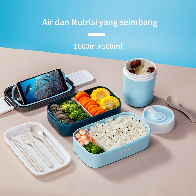 Letyeah &amp; Kaizenliving 1600ml kotak makan set / lunch box dan mangkuk sup tempat makan set tas / BPA free