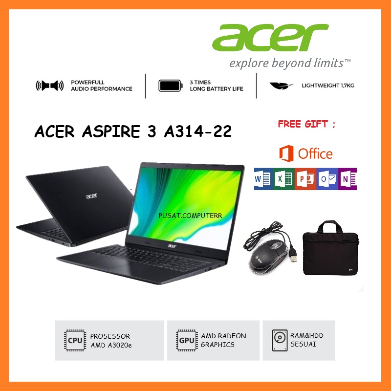 LAPTOP ACER ASPIRE 3 A314-22 AMD-3020e RAM 4GB SSD 256GB WINDOWS 10