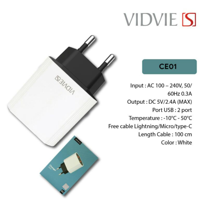 TRAVEL ADAPTER VIDVIE S-CE01 PLUS CABLE IP / MICRO / TYPE C WHITE