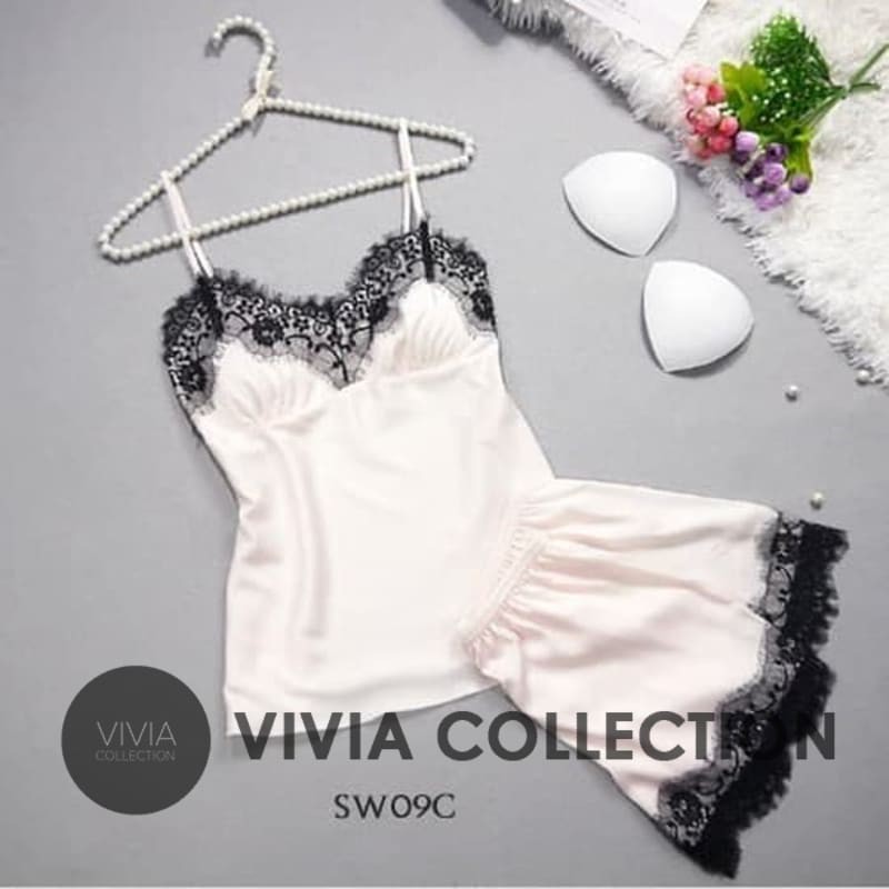 SETELAN BAJU PIYAMA TIDUR SEKSI TANKTOP + CELANA SILK SEXY PUTIH SW09C - XL