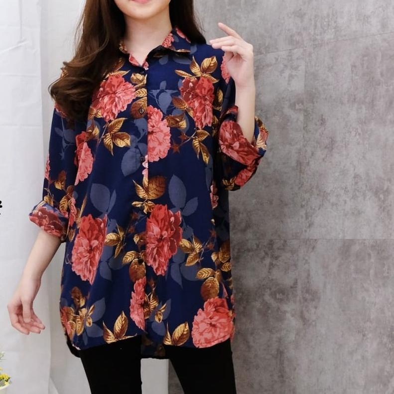 ➱ KEMEJA WANITA JUMBO 3XL MOTIF BUNGA KEMEJA JUMBO MURAH ATASAN JUMBO BAJU JUMBO WANITA ✪