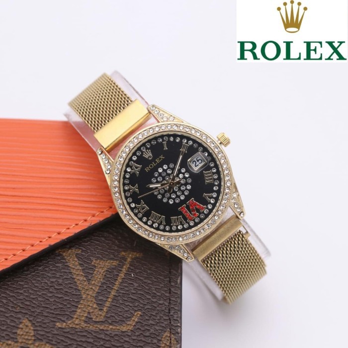 JAM TANGAN WANITA ROLEX ROMAWI RANTAI DATE MAGNET CEWEK ANALOG ADA 4 WARNA - JAM TANGAN ROLEX