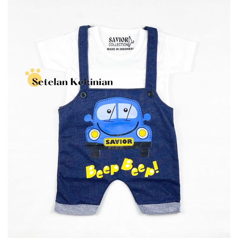 Set Baju Kodok Denim Jumpsuit Anak Laki Laki 0-12bulan Lucu Gambar Mobil Beep Beep Newborn Hadiah Akikah