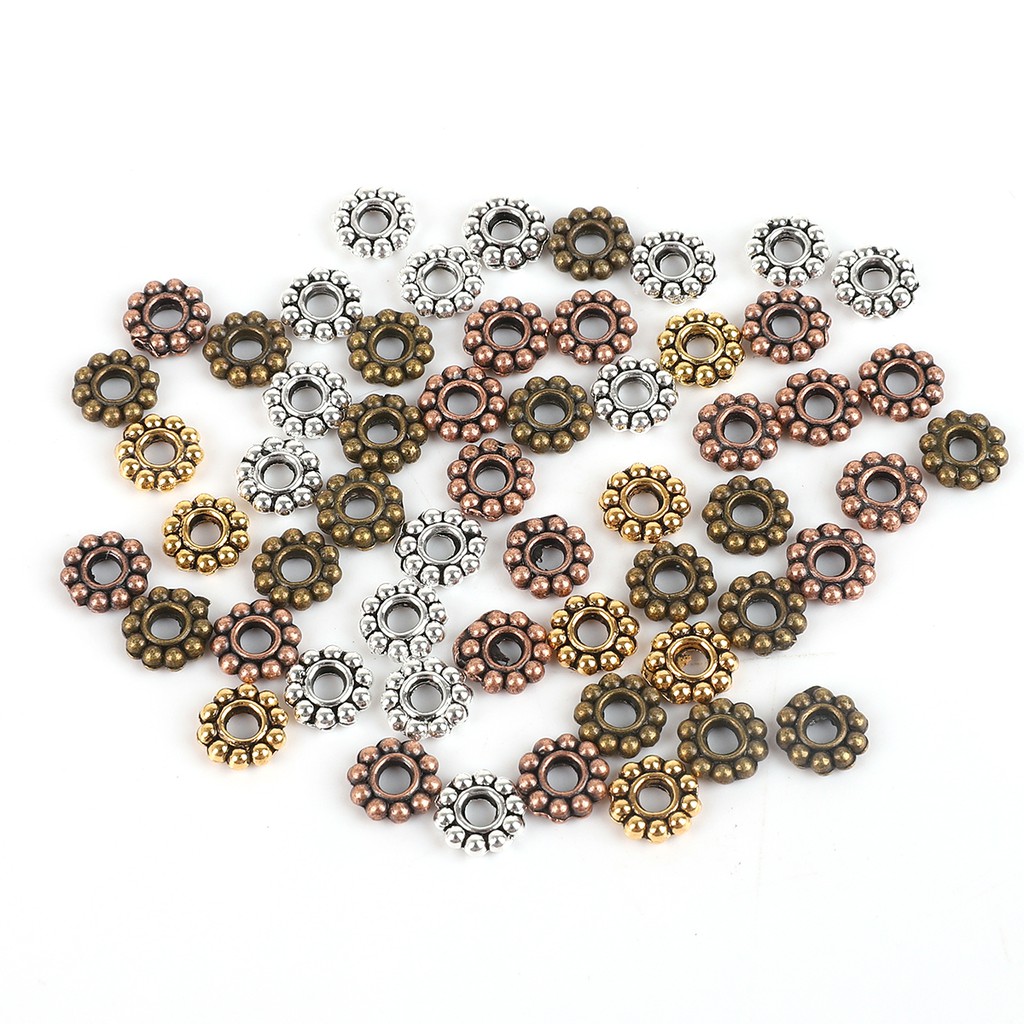 50 Pcs Manik-Manik Bunga Daisy 6x2mm Bahan Logam Warna Emas Perak Tibet Untuk Membuat Perhiasan