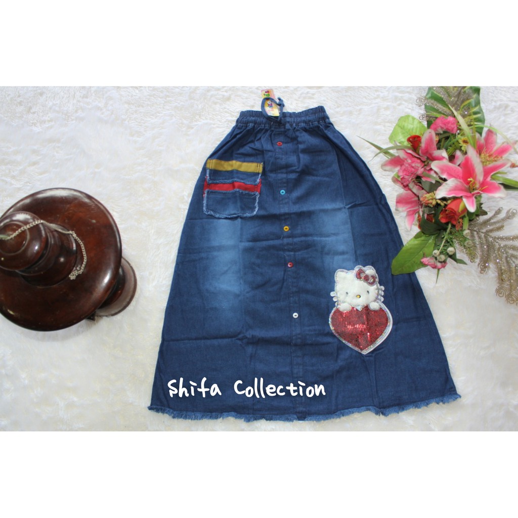 Rok Jeans / Rok Panjang Anak Perempuan / Motif Karekter Boneka Bulu / Bahan Jeans Bratatex 6,5 Ons / Ukuran 4 5 6 / M L XL dan Anak Tanggung (4-13 tahun)