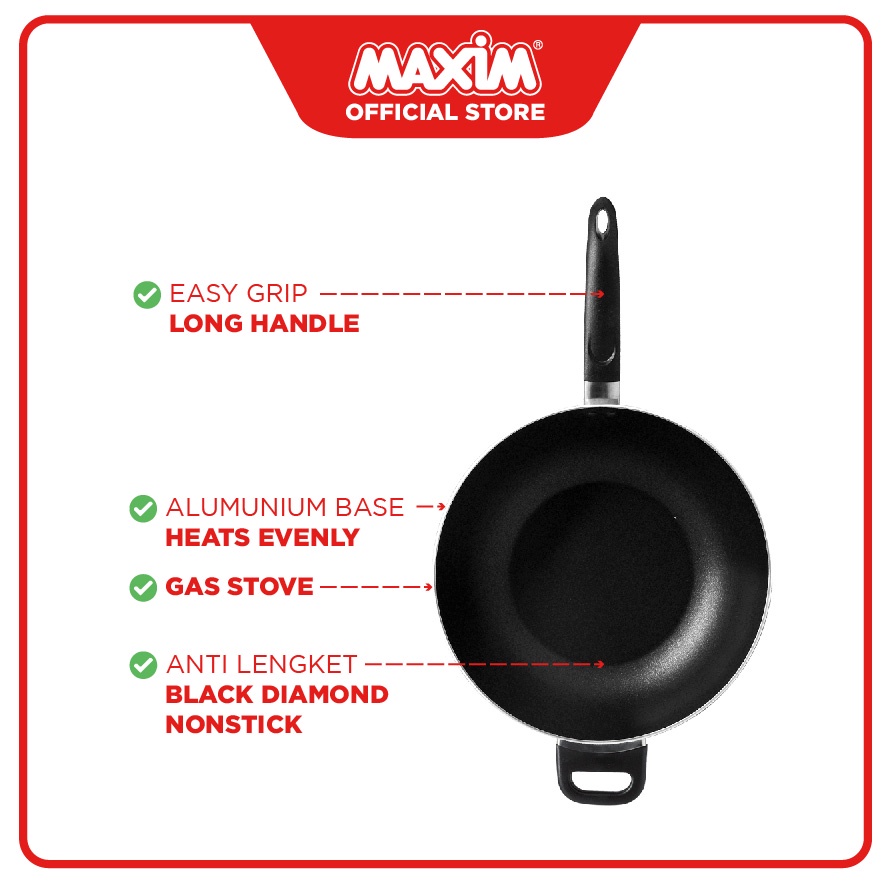 Maxim Image Wajan Penggorengan Teflon Anti Lengket 32cm Wok + Tutup Kaca