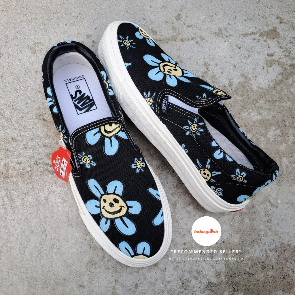 PROMO Sepatu Vans Slip On Trippy Grin Floral Black Yellow Premium Import Quality, Harga Termurah, Kualitas Terbaik