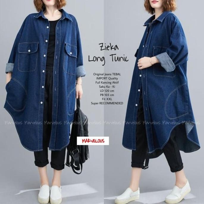 Long Tunik Denim Kemeja Jeans LD 120 cm Big Size Blouse Oversize ZIEKA