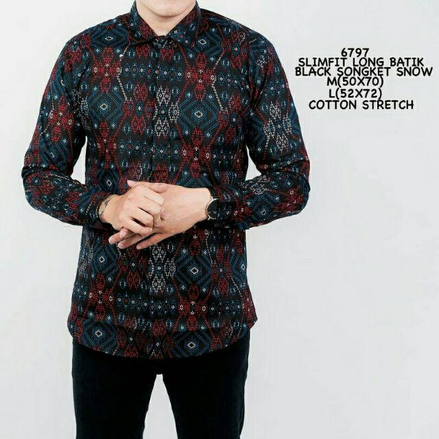 Kemeja Batik Pria Lengan Panjang Batik Songket Motif Black Snow Slimfit