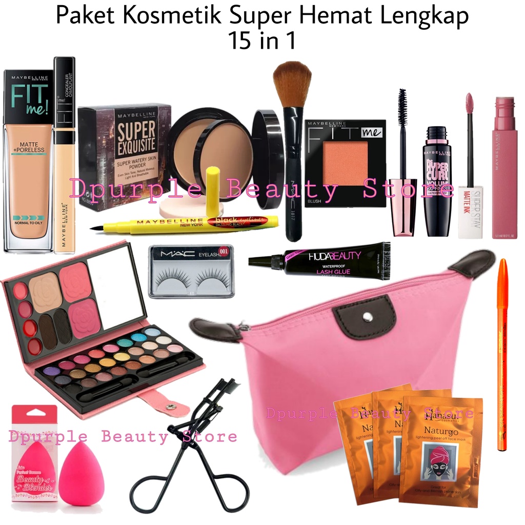 Paket Kosmetik Maybelline Super Hemat Lengkap - Paket Make Up Maybelline Komplit Murah - Bedak - Fodnation - Concealer - Blush On - Eyeshadow - Maskara - Eyeliner - Lipcream - Pensil Alis - Bulu Mata - Lem Bulu Mata - Penjepit Bulu Mata - Kuas Make Up