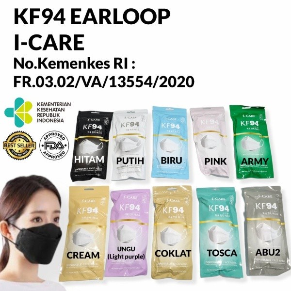 Masker KF94 ICARE Sachet Pack 3D Evo Dewasa 4ply Warna Earloop izin Kemenkes 10pc