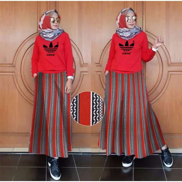 Pakaian Wanita io Set rok 2in1 adidas Red atasan babytery L tulisan adidas sablon rok wafle