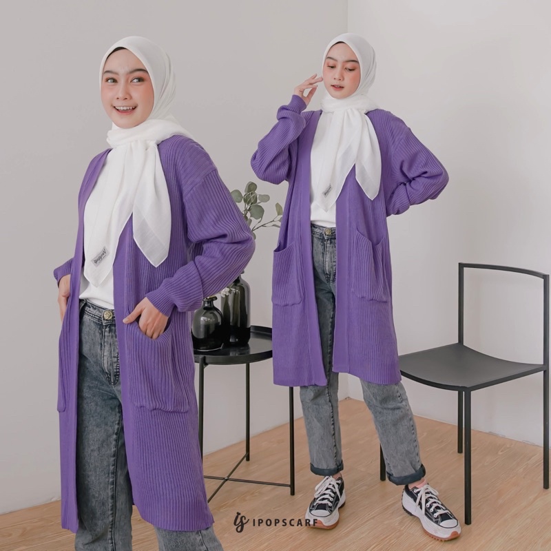 LUMA LONG CARDI | cardigan rajut panjang, soft knit cardigan-GRAPE