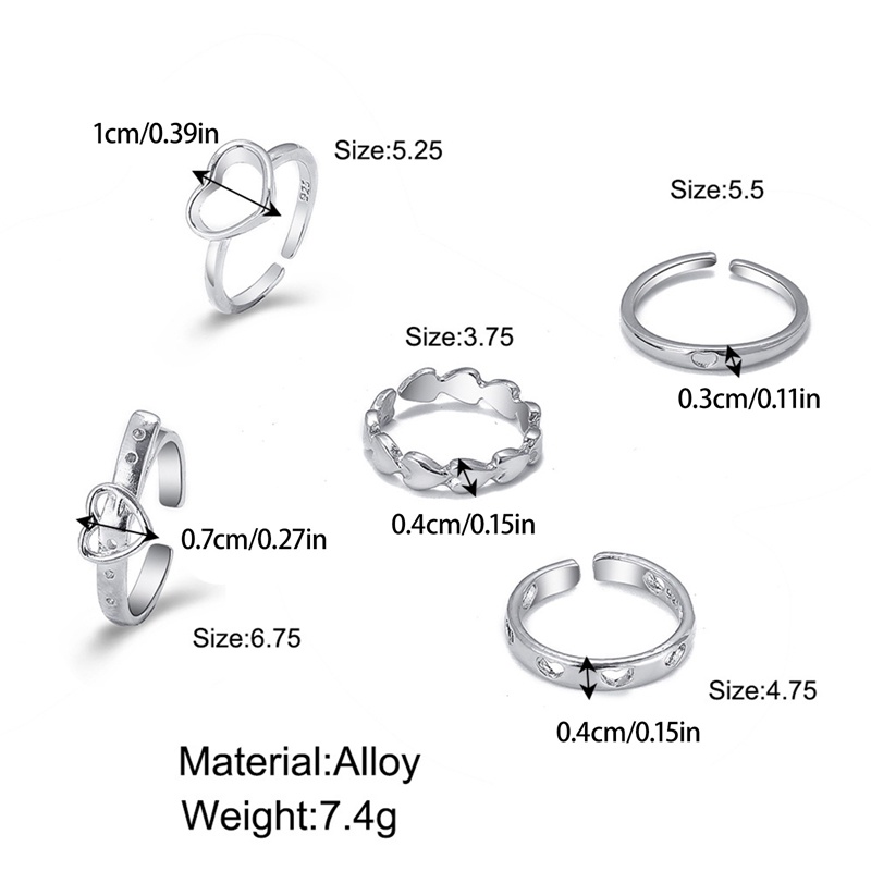 5pcs / Set Cincin Adjustable Bentuk Hati Warna Silver Gaya Punk Untuk Wanita