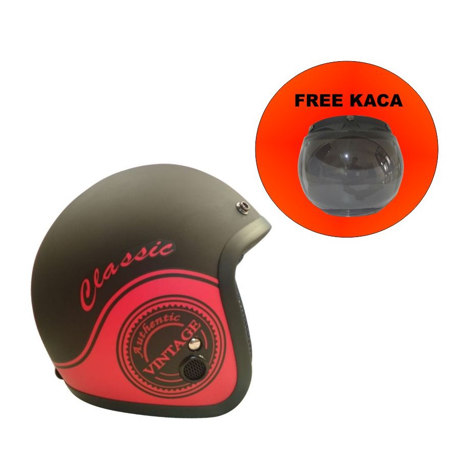 Helm Bogo Retro IGLOO Classic 5 Black Doff Red + Kaca Helm