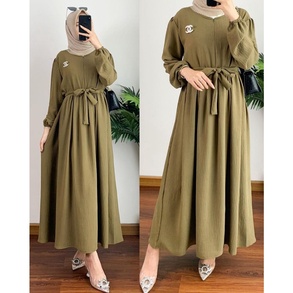 Liana Midi Dress Wanita Muslim Jumbo Bahan Katun Crincle Airflow Gamis Wanita Terbaru Murah