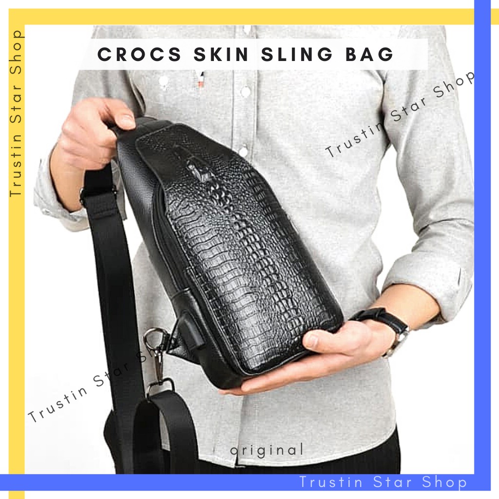 TAS SELEMPANG KULIT BUAYA HITAM | TAS SLEMPANG PRIA | BLACK CROCS SKIN SLING BAG USB MP3
