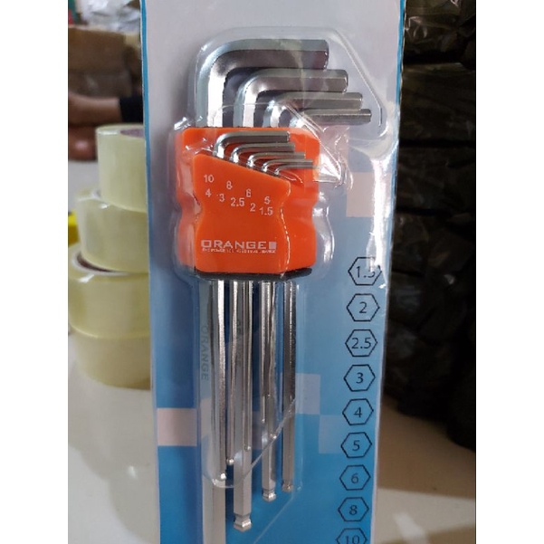 KUNCI L BALLPOINT PANJANG ORANGE 9 PCS BALL POINT EXTRA LONG HEX KEY SET 9PCS ORANGE