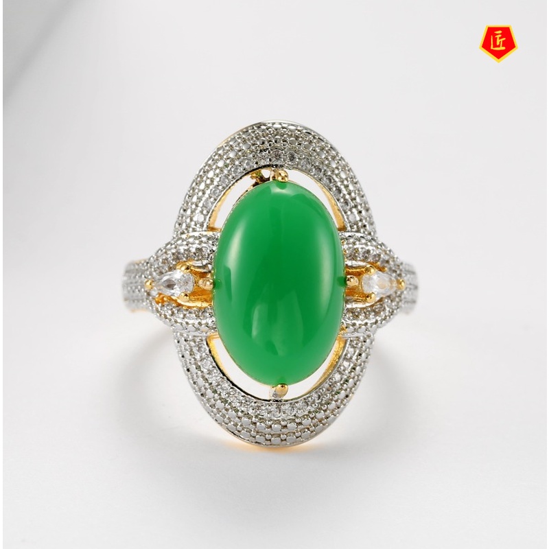 [Ready Stock]18K Gold Color Separation Inlaid Green Chalcedony Full Diamond Ring Luxury Elegant