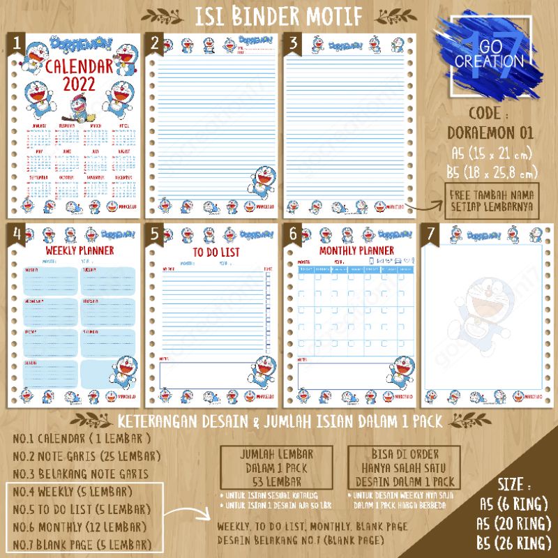 

Buku Planner isi Kertas Binder Motif Doraemon 01 Premium A5 ring 20 dan A5 ring 6