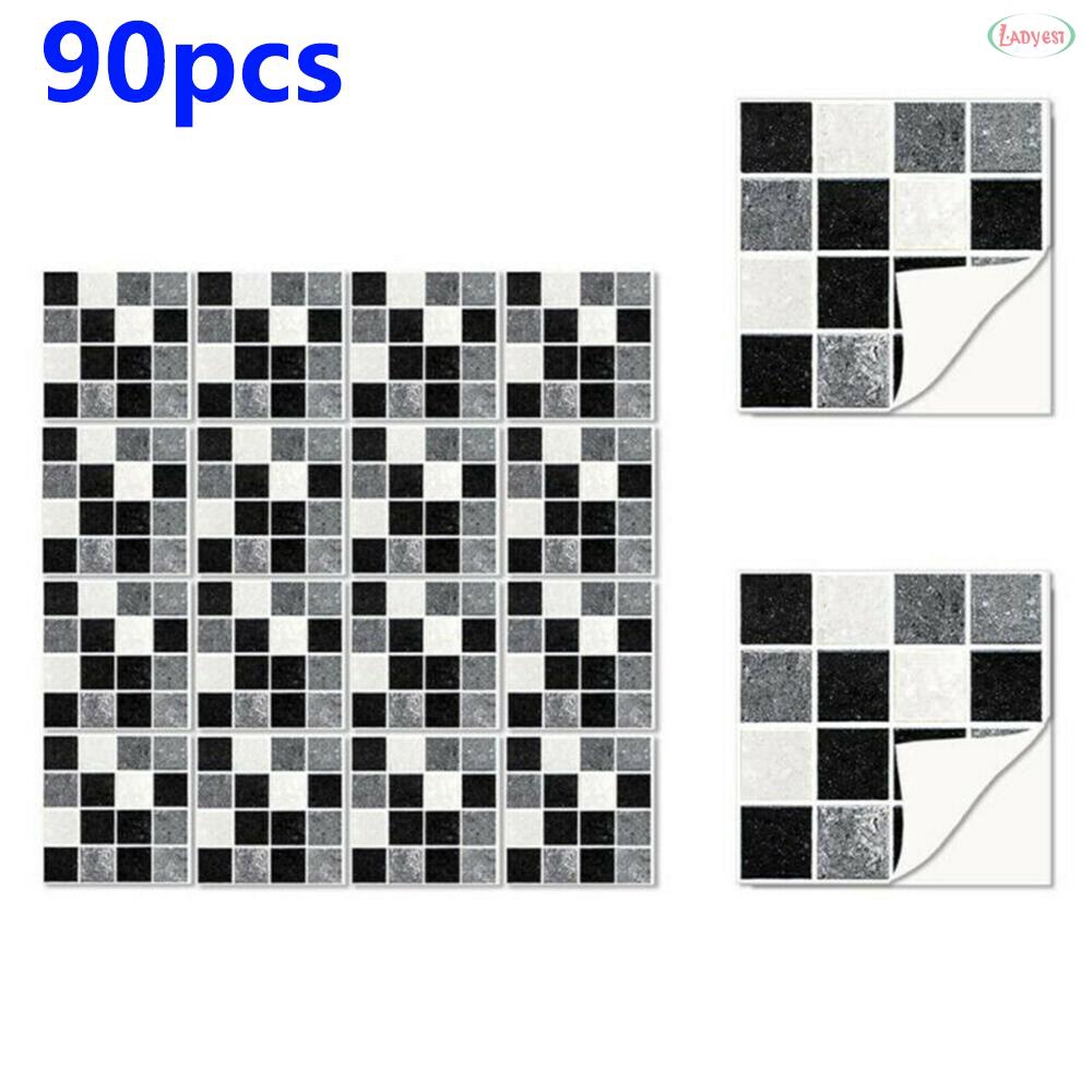 Tile Stickers Bathroom Pvc 10 10cm 90pcs Kitchen Tile Stickers Wall Decor Black White Gray Shopee Indonesia