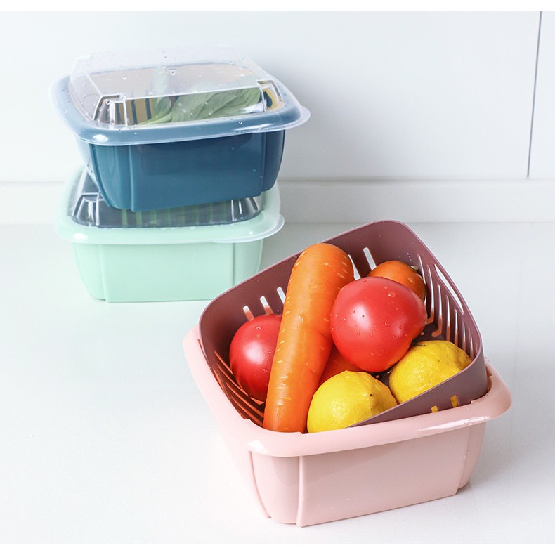 AD168 Keranjang Tiris Baskom Saring Cuci Sayur Buah + Tutup Basket Lid