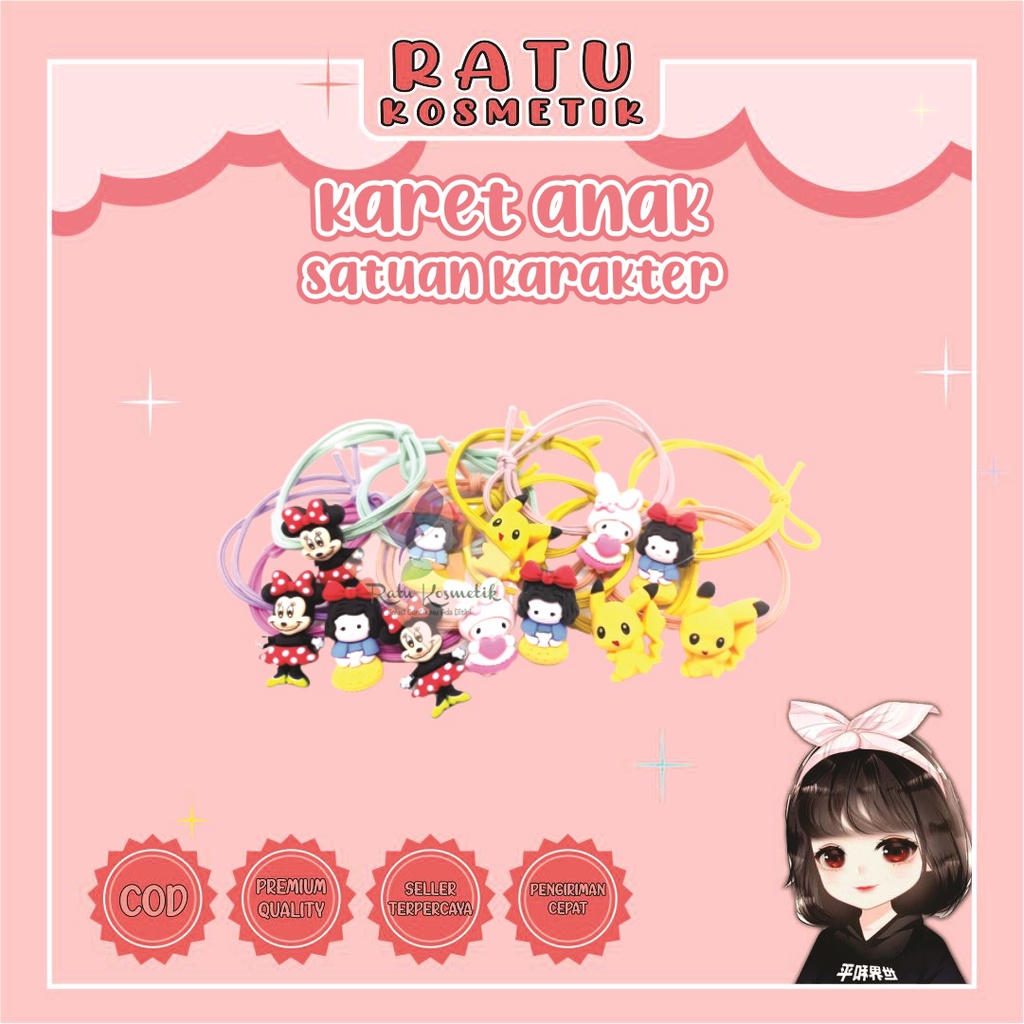 ❤ RATU ❤ Ikat Rambut Anak | Karet Mix | Kunciran Warna Warni Murah isi 50 pcs 4 Pompom Karakter