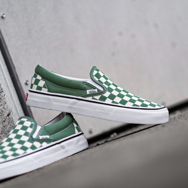 VANS SLIP-ON CHECKERBOARD SHALE GREEN/WHITE CLASSIC ORIGINAL 100%