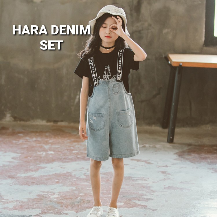 BAJUKIDDIE HARA SET DENIM BAJU SETELAN JUMPSUIT ANAK PEREMPUAN KOREA