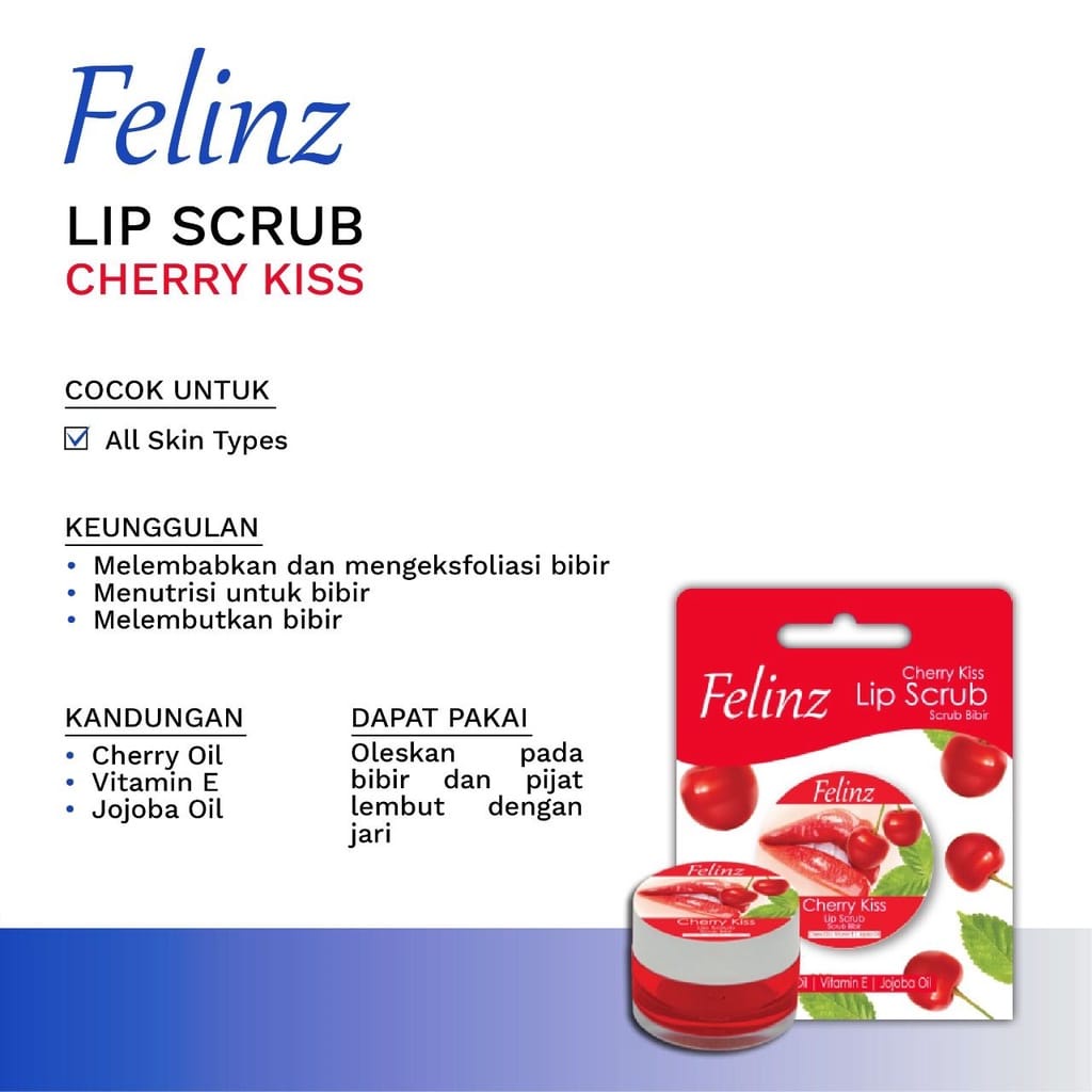 FELINZ LIP SCRUB 5GR CARE BIBIR PEMERAH CHERRY KISS DAN PROSTED PEACH