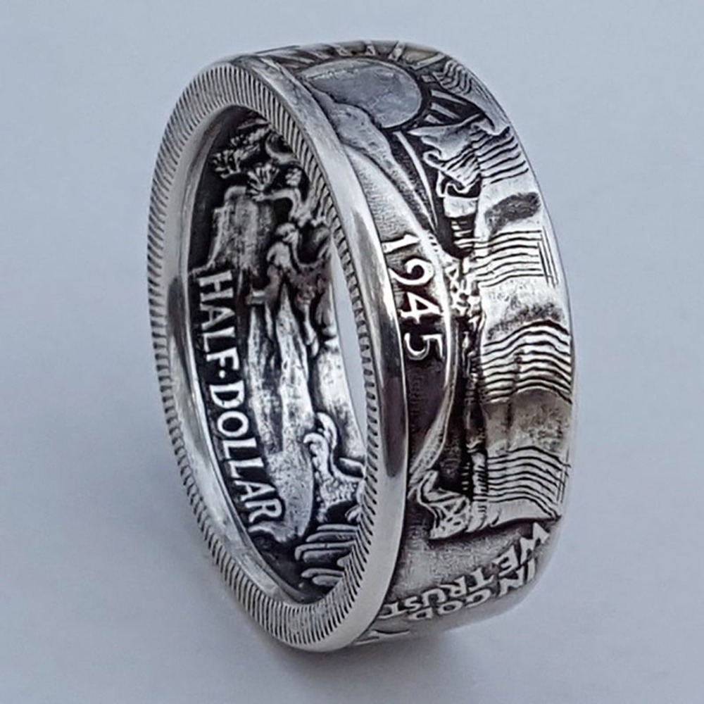 Cincin Perak Koin Setengah Dolar Gaya Vintage Fashion Baja Titanium Pria Wanita Band Rings