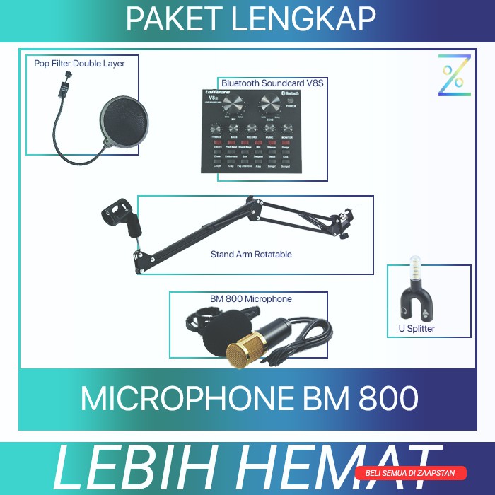 PAKET SMULE STREAMING KARAOKE RECORDING, Mic BM 800, Pop Filter, Arm Stand, Splitter, V8S Soundcard