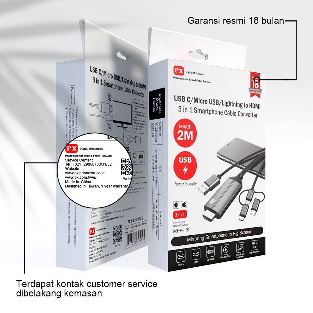 PX Kabel HDMI ke Type C USB/Micro/Lightning Converter 3in1 2M MHA-130