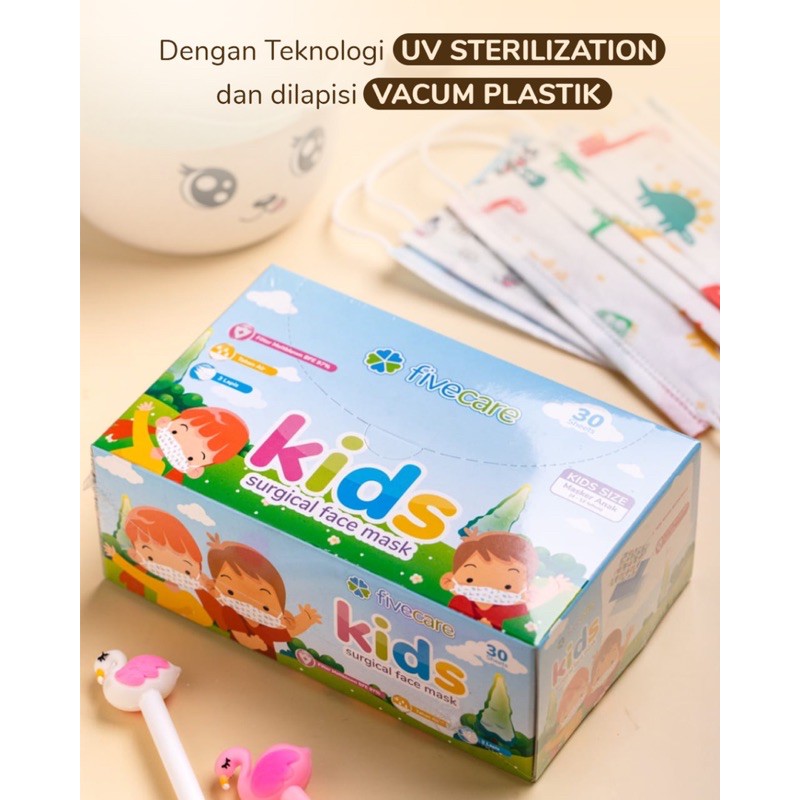 FIVECARE KIDS SURGICAL MASK 3PLY DGN TEKNOLOGI UV STERILIZATION KESEHATAN MASKER ANAK