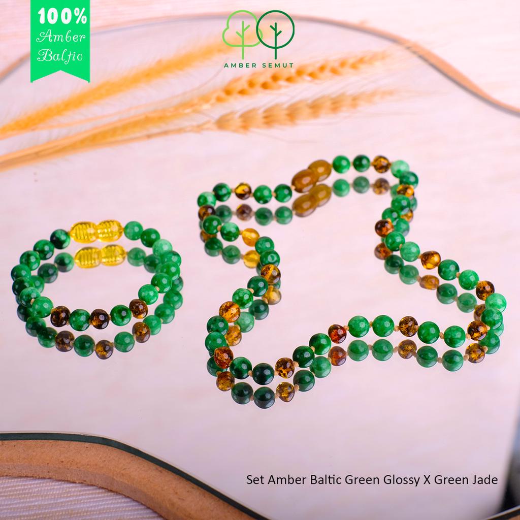 Kalung Amber Baltic Green Glossy X Green Jade by AMBER SEMUT