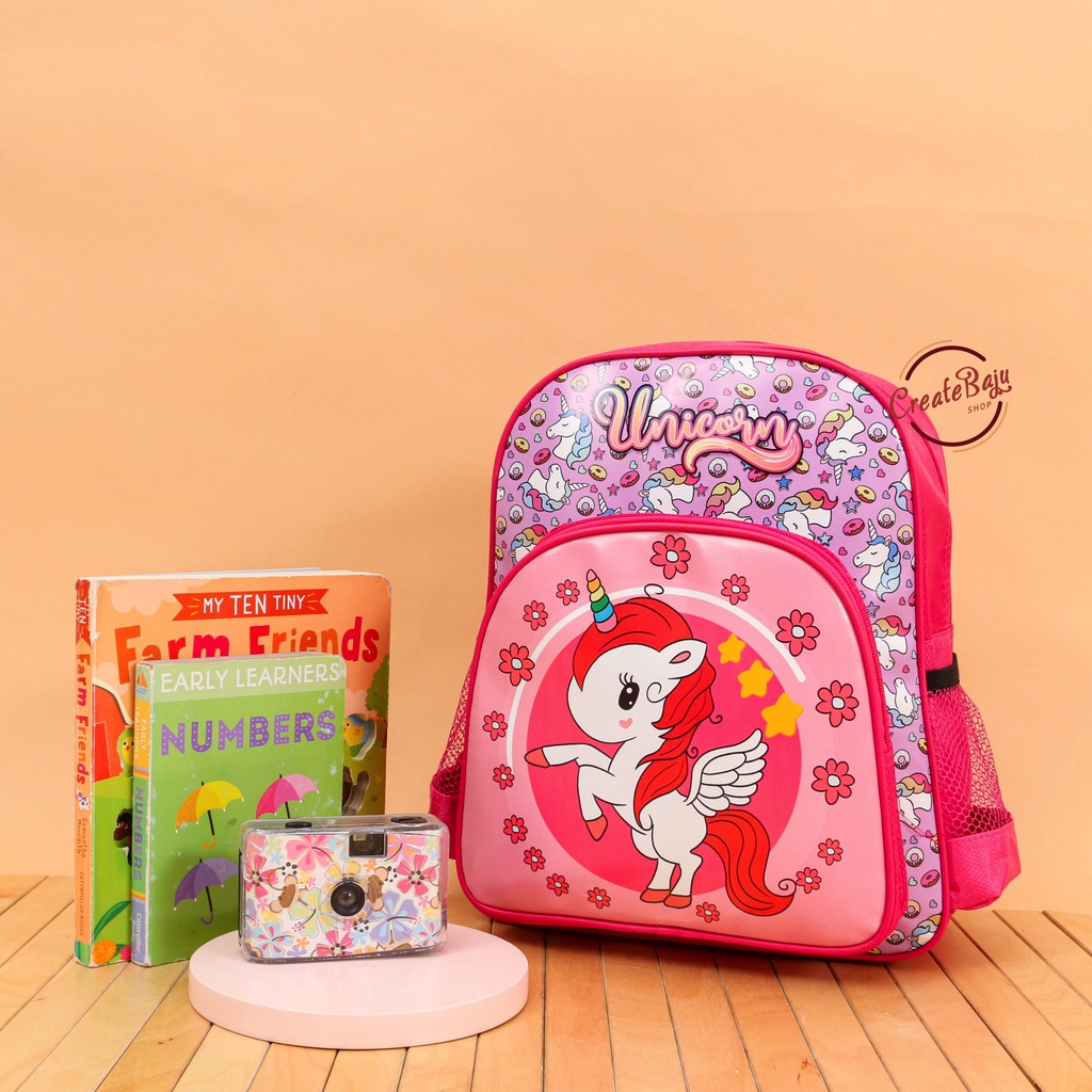 TAS RANSEL ANAK PAUD KANTONG BOTOL MINUM TAS RANSEL ANAK SEKOLAH KARAKTER UNICORN HELLO KITTY