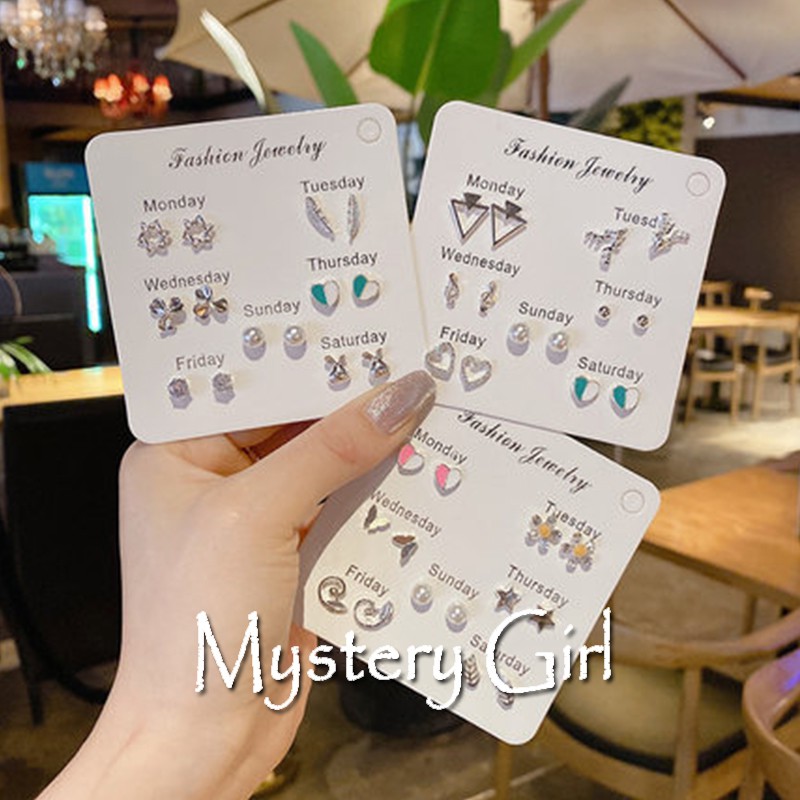 Mysterygirl - 7 Pasang Set Anting Earrings Tusuk Simple Kreatif Gaya Korea untuk Wanita Stud Fashion Korea Aksesoris Murah COD
