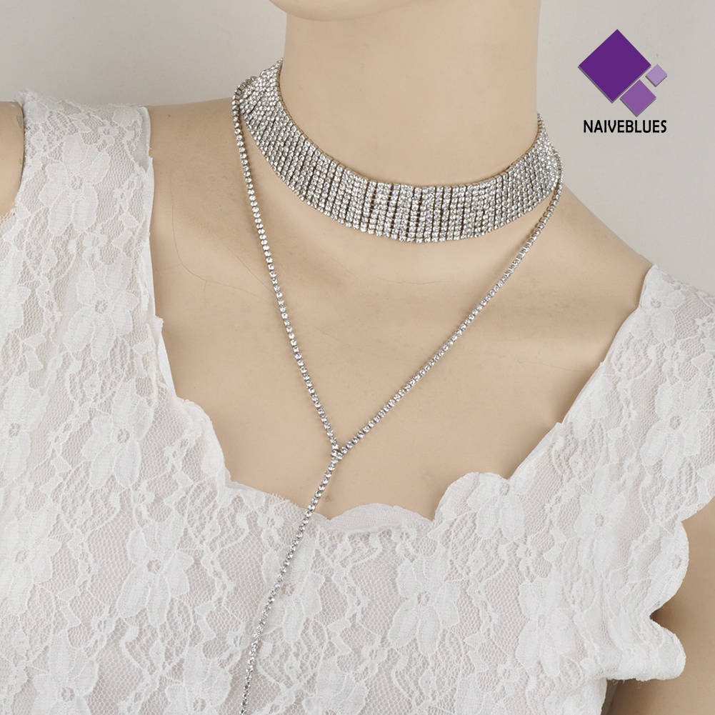 Kalung Rantai Multilayer Model Rumbai Aksen Berlian Imitasi Untuk Wanita